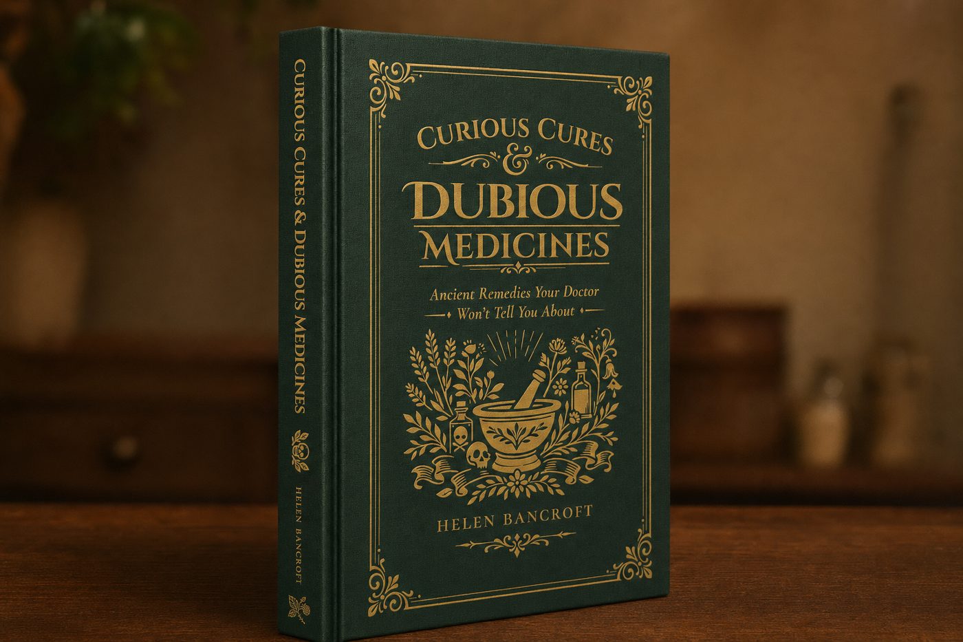 The book standing at an angle, showing the gold-foiled spine and front cover