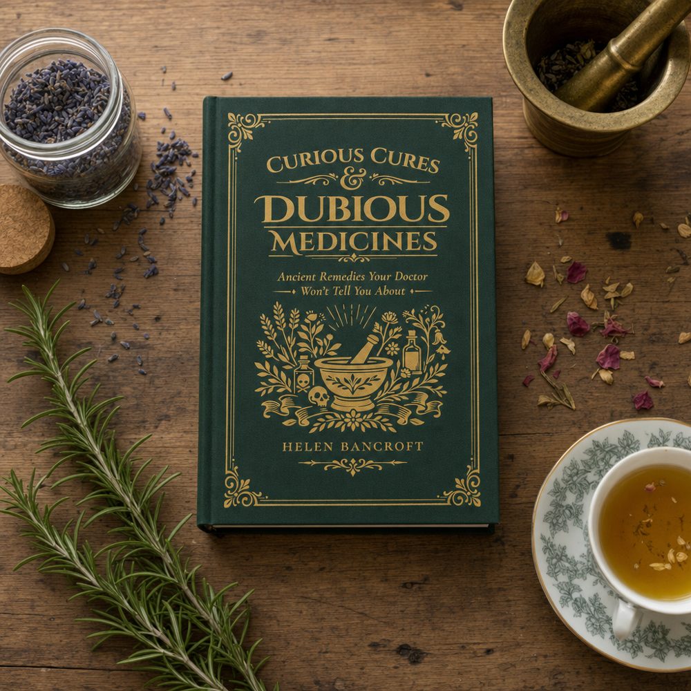 The book on a wooden table with lavender, rosemary, a mortar and a cup of tea